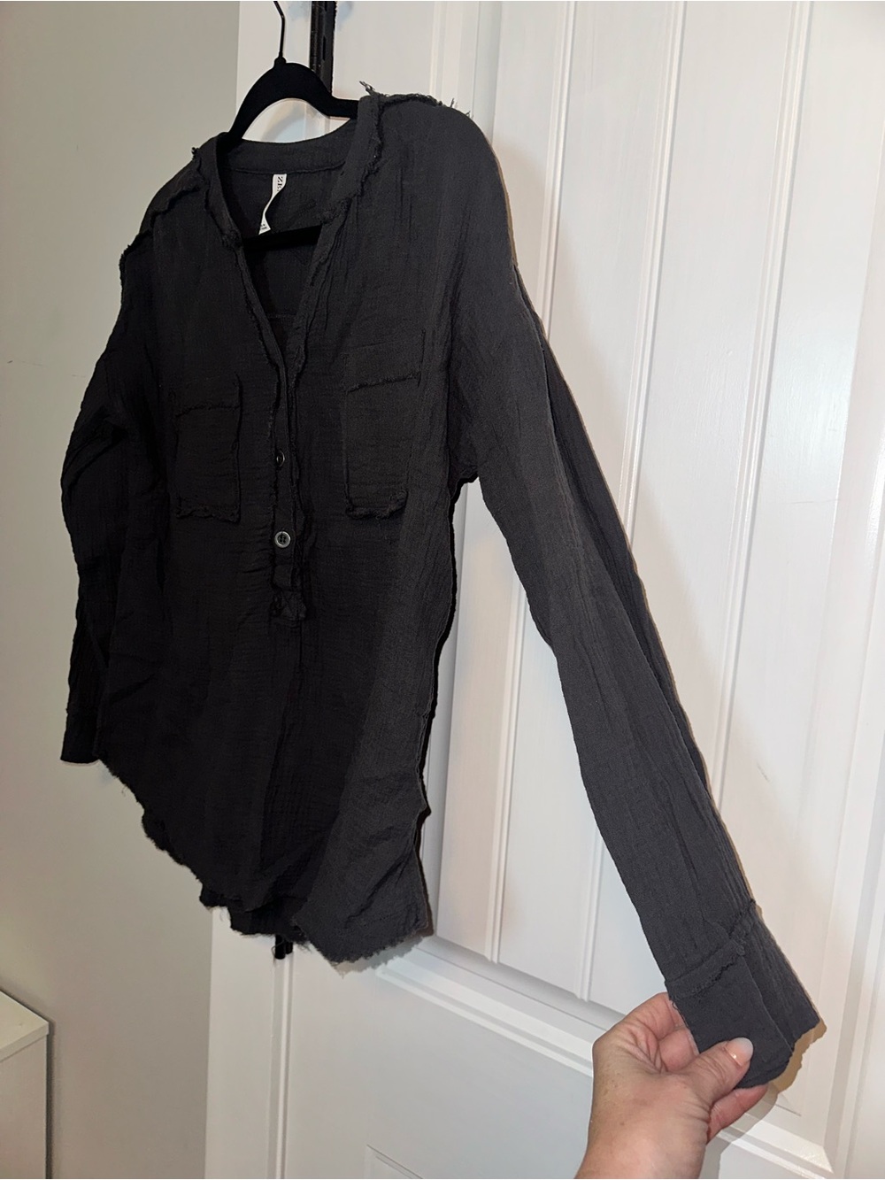 Zenana Size Small Washed Charcoal Long-Sleeve Henley Top - Picture 7 of 10